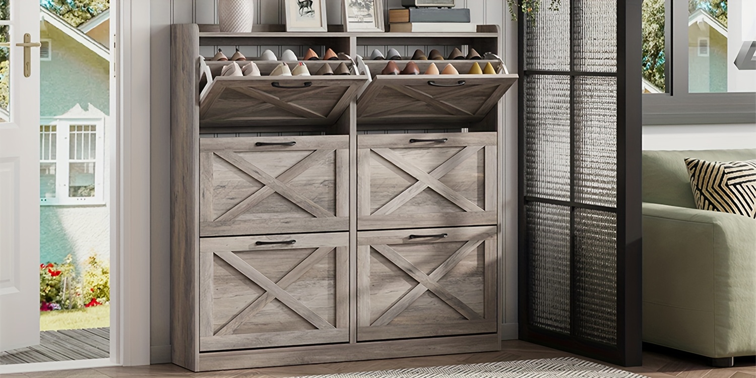 Washed Gray Shoe Storage Cabinet with 6 Flip Drawers | Narrow Freestanding Shoe Cabinet and Shoe Storage Organizer with Metal Handles for Entryway, Large Shoe Rack Organizer, Modern Farmhouse Style, Ideal for Shoe Racks, Made of Particle Board