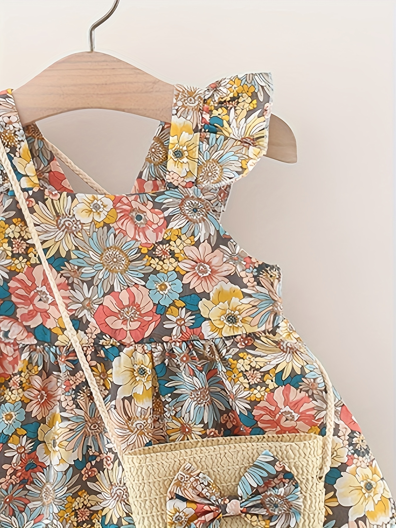 Robe sans manches à imprimé floral mignon pour bébé fille avec sac fourre-tout en paille - Tenue d'été vibrante, tissu non extensible, coupe régulière, parfaite pour des looks doux et adorables, tenue mignonne | Imprimé jouet | Sac fourre-tout en paille, vêtements pour bébé