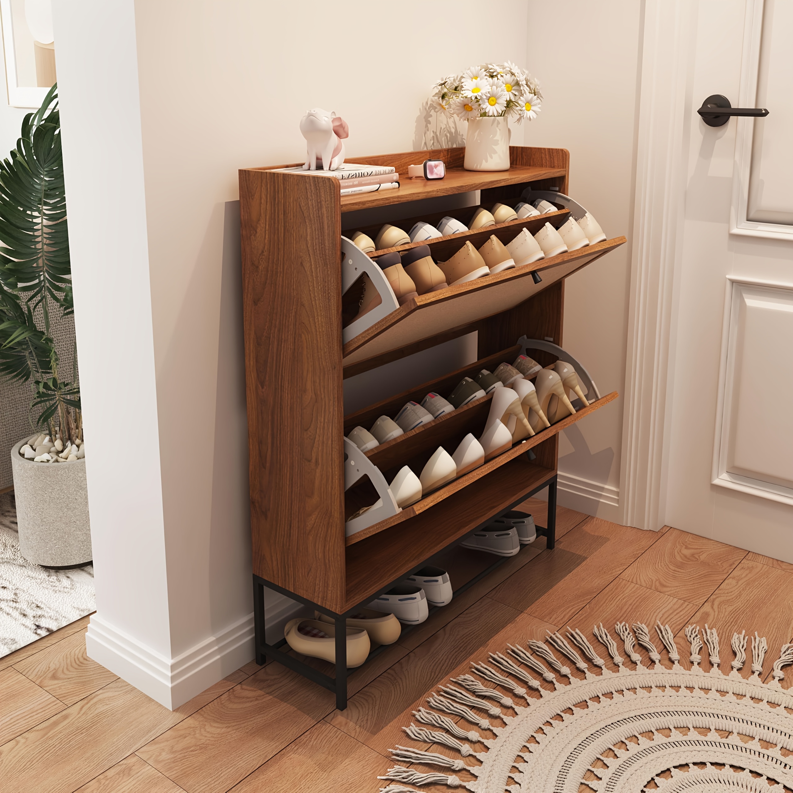 Image of Freestanding Shoe Cabinet With 2 Flap Drawers, Narrow Shoe Cabinet With Modern Narrow Storage Compartments, Suitable For And Entrance Areas (double Layer)