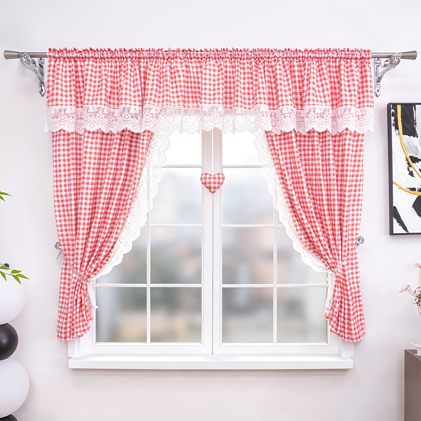 TEMU Red Gingham Curtain Set With Lace Trim Valance And Drapes For Bedroom Living Room Small Window Rod Pocket Farmhouse Country Style Plaid Check