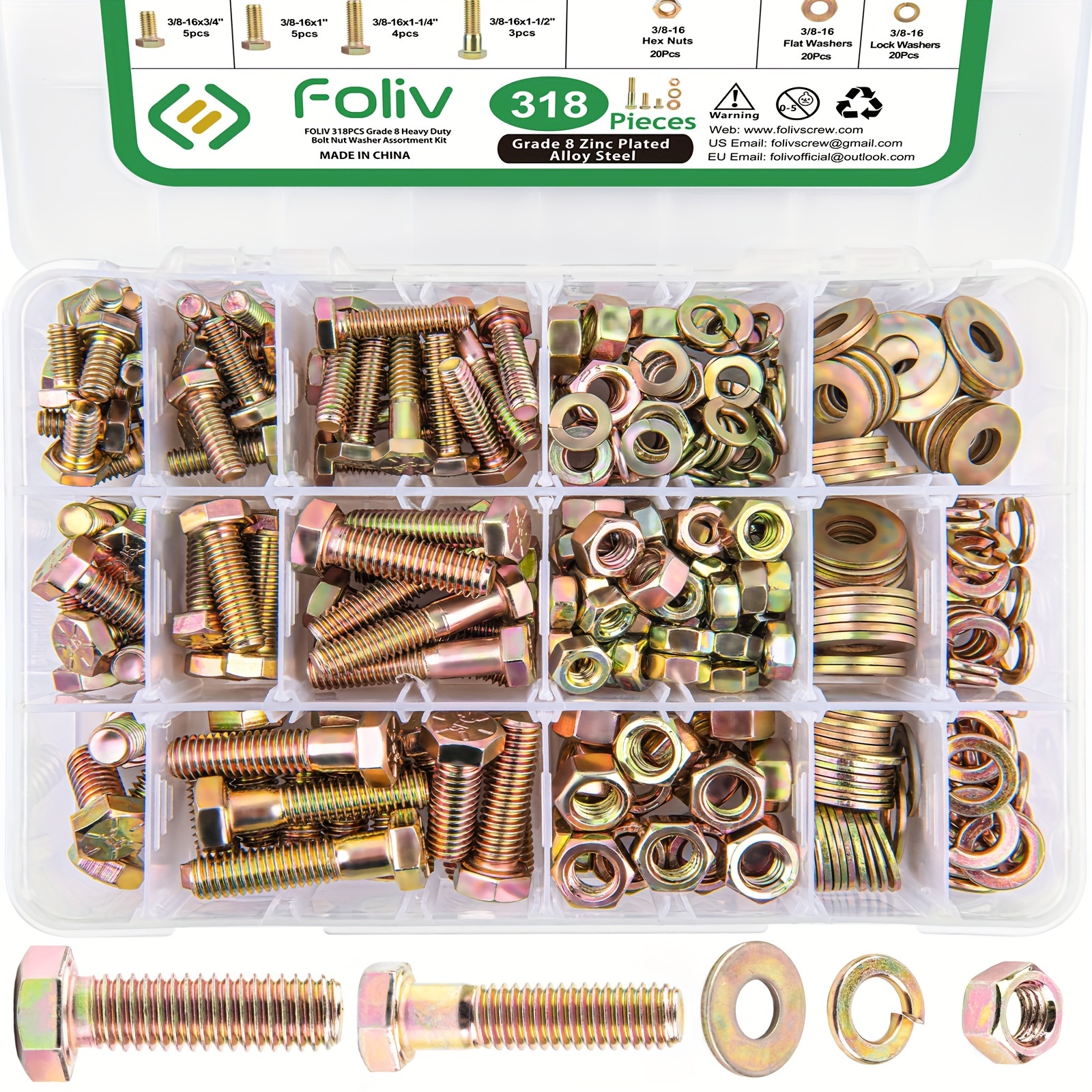 

318pcs Grade 8 Heavy Duty Nuts And Bolts Assortment Kit, 1/4, 5/16-18, 3/8-16 Hex Bolts Nuts Washers Assortment Kit