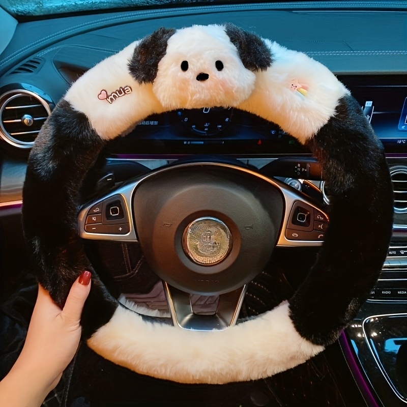 

1pc Winter Warm Fluffy Car Steering Wheel Cover, Universal 15-inch Cute Pachy , Polyester Fiber, No , For Men And Women Vehicle Accessories