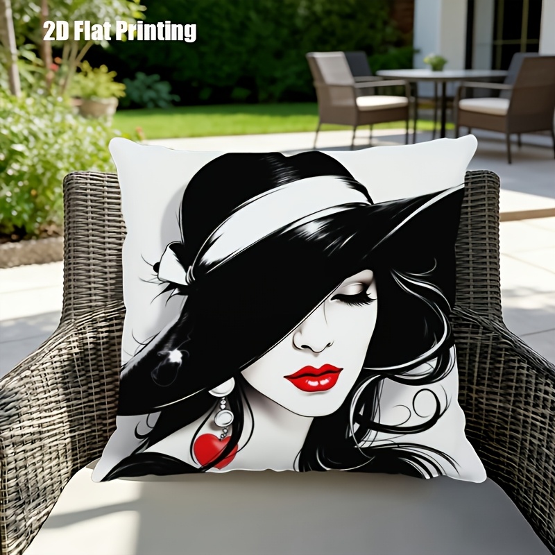 TEMU A Short-haired Plush Square Throw Pillow Cover | 18x18 Inches Featuring A Woman With A Hat, Red Lips, And Heart-shaped Earrings | Made Of