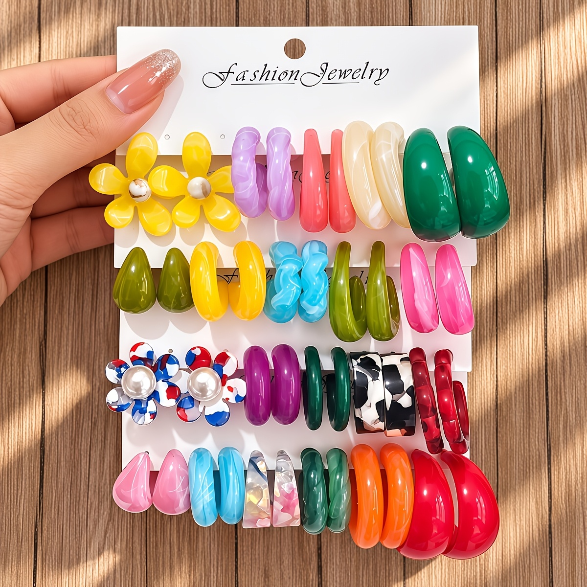 TEMU 10pcs (5 Pairs)/12pcs (6 Pairs)/42pcs (21 Pairs) Multicolor Resin Earrings Set For Women, Chunky Hoop, Teardrop, Twist And Flower Faux Pearl