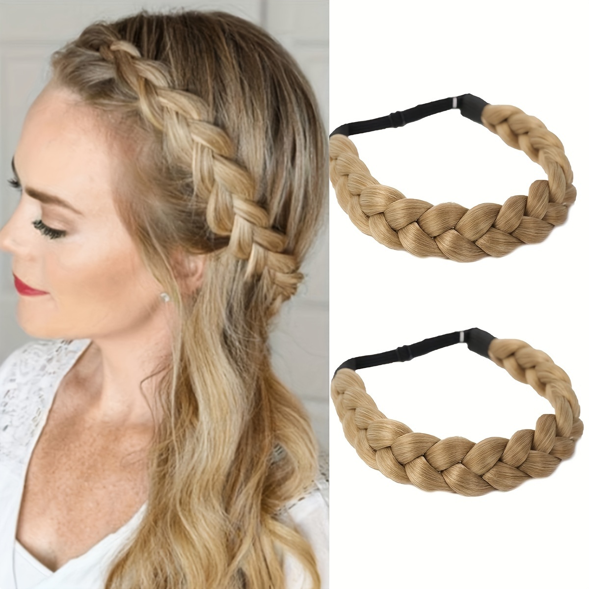 Chic Adjustable Braided Headband For Women - Classic Twist Design, Synthetic Fiber Hair Accessory In Black
