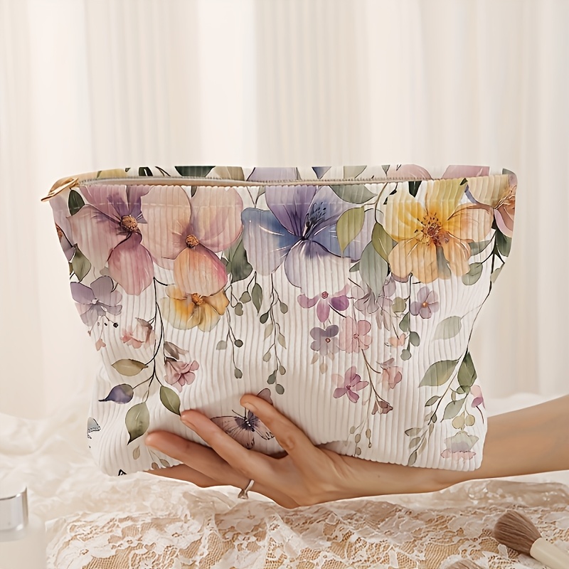 TEMU Purple Bouquet Pattern Printed Thick Corduroy Makeup Bag, Makeup Brush Bag Organizer Bag, Women's Makeup Bag, Fashionable And Cute Printed