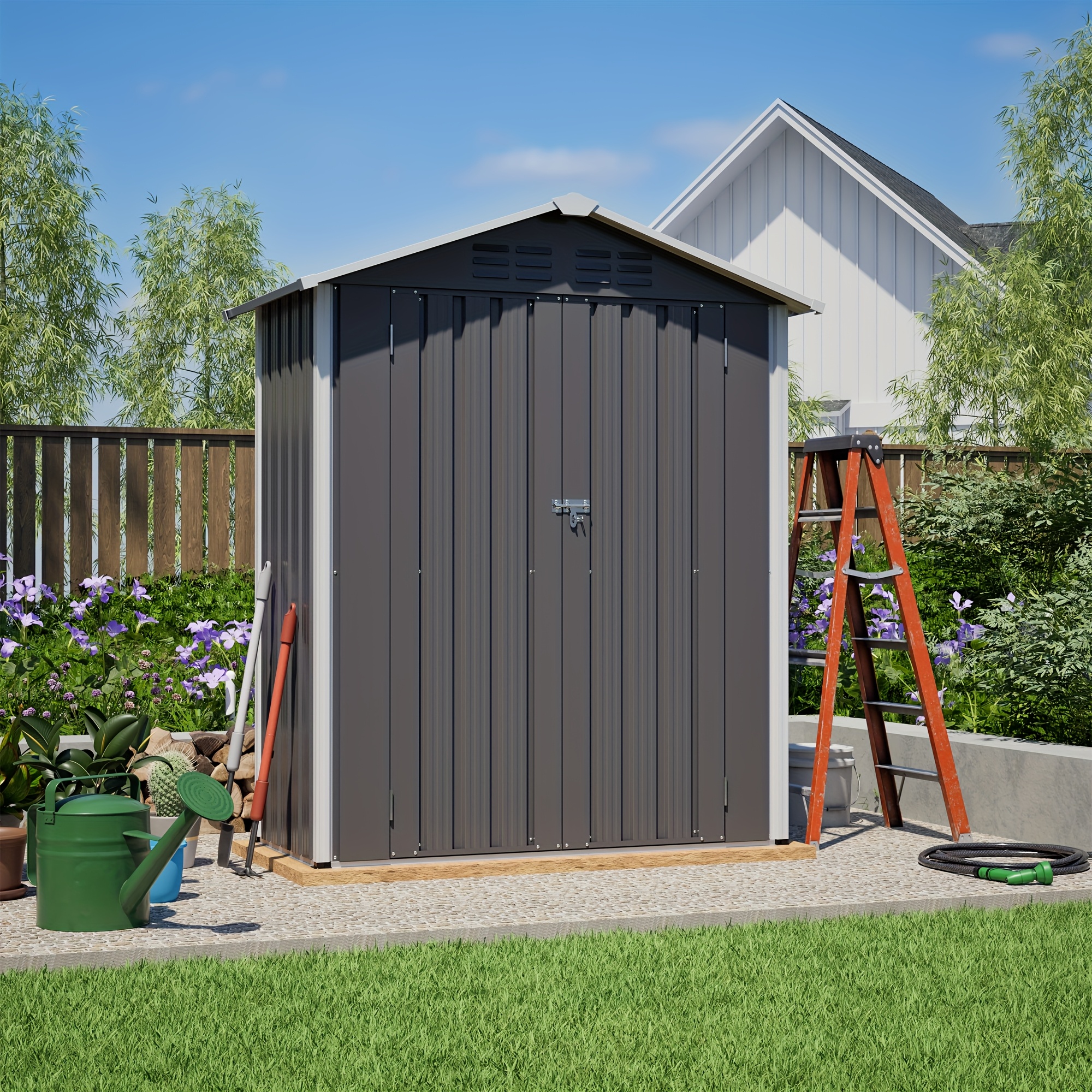 Image of Outdoor Metal Tool Storage Shed With Ventilation Holes, Including Metal Floor Frame, Lockable Door, Weatherproof, For Garden Courtyard, Gray, Temporary & Removable