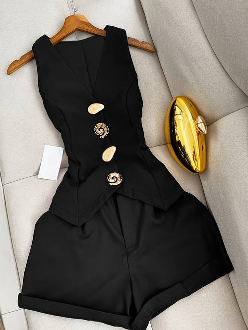 item picture summer elegant casual comfortable solid v neck sleeveless off shoulder button and zipper pocket short shorts 2pcs set womens pants set belt free