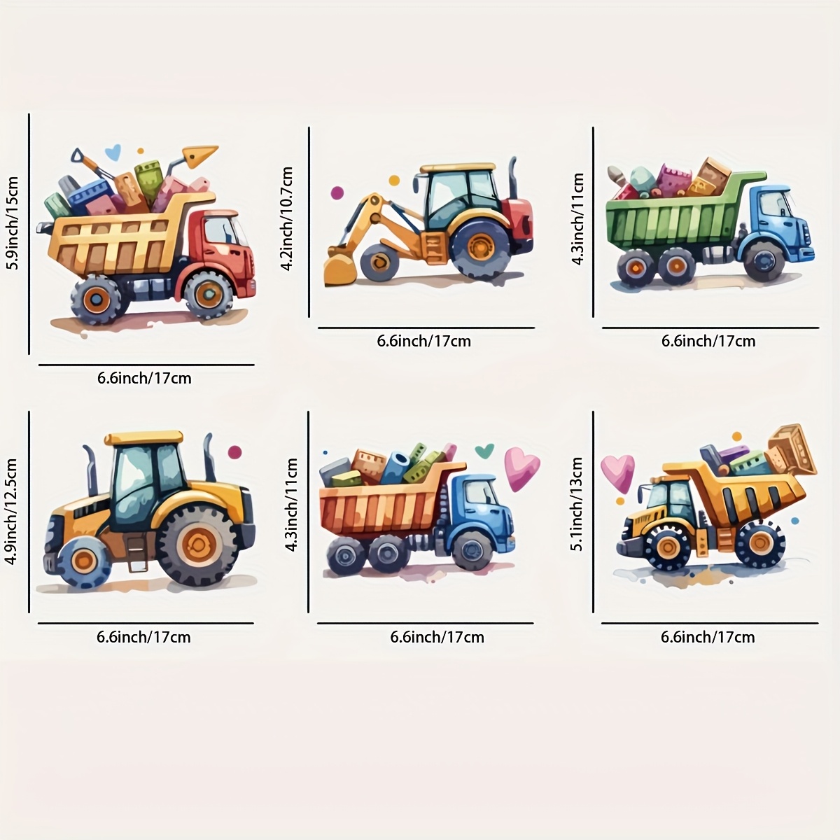 TEMU 6pcs Colorful Truck & Excavator Cartoon Iron-on Transfers - Durable Vinyl Heat Transfer Stickers For T-shirts, Jackets, Pillows, Backpacks -