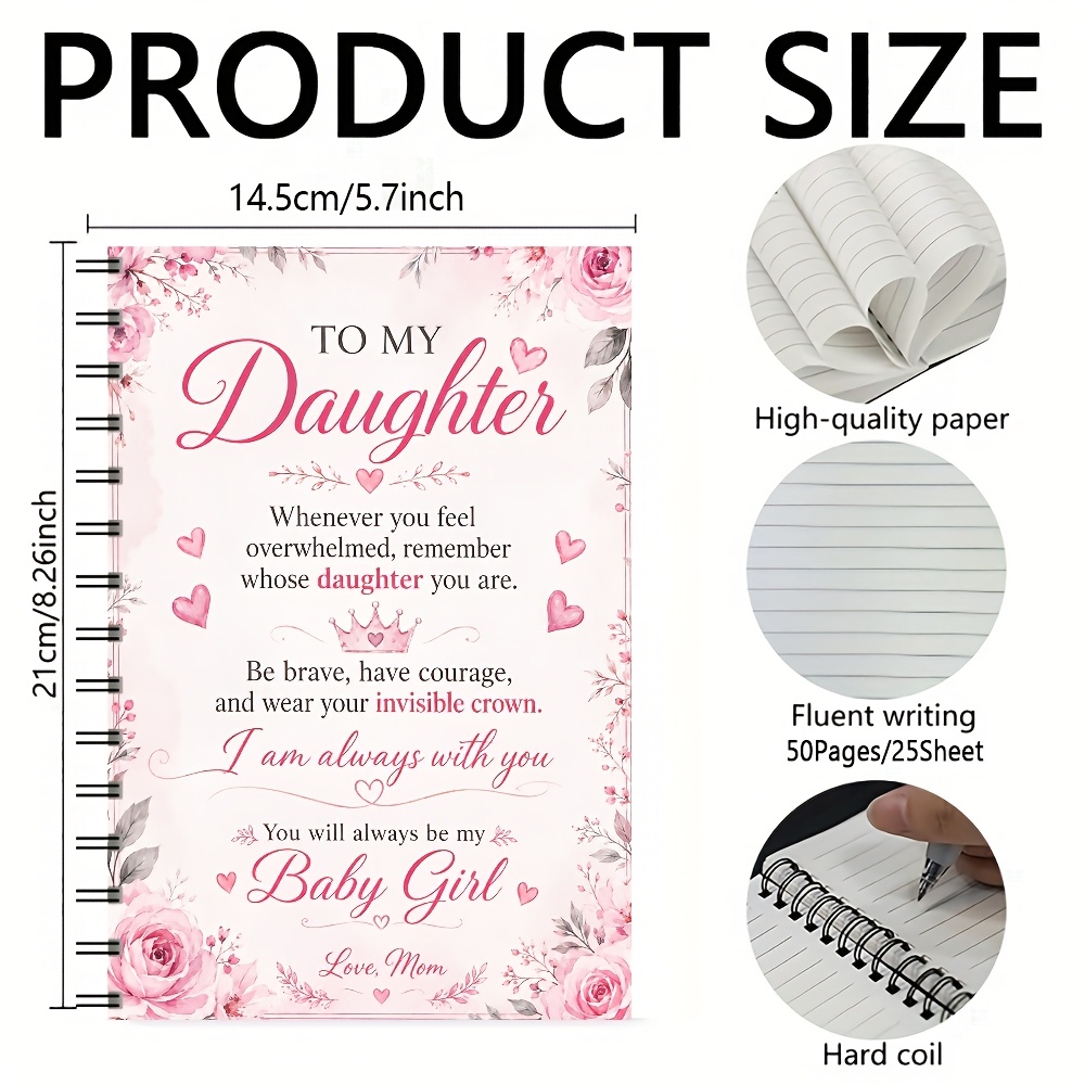 TEMU Daughter Pink Floral Quote Spiral Notebook, A5 1pc Mother Daughter Keepsake Journal, 50 Pages/25 Sheets