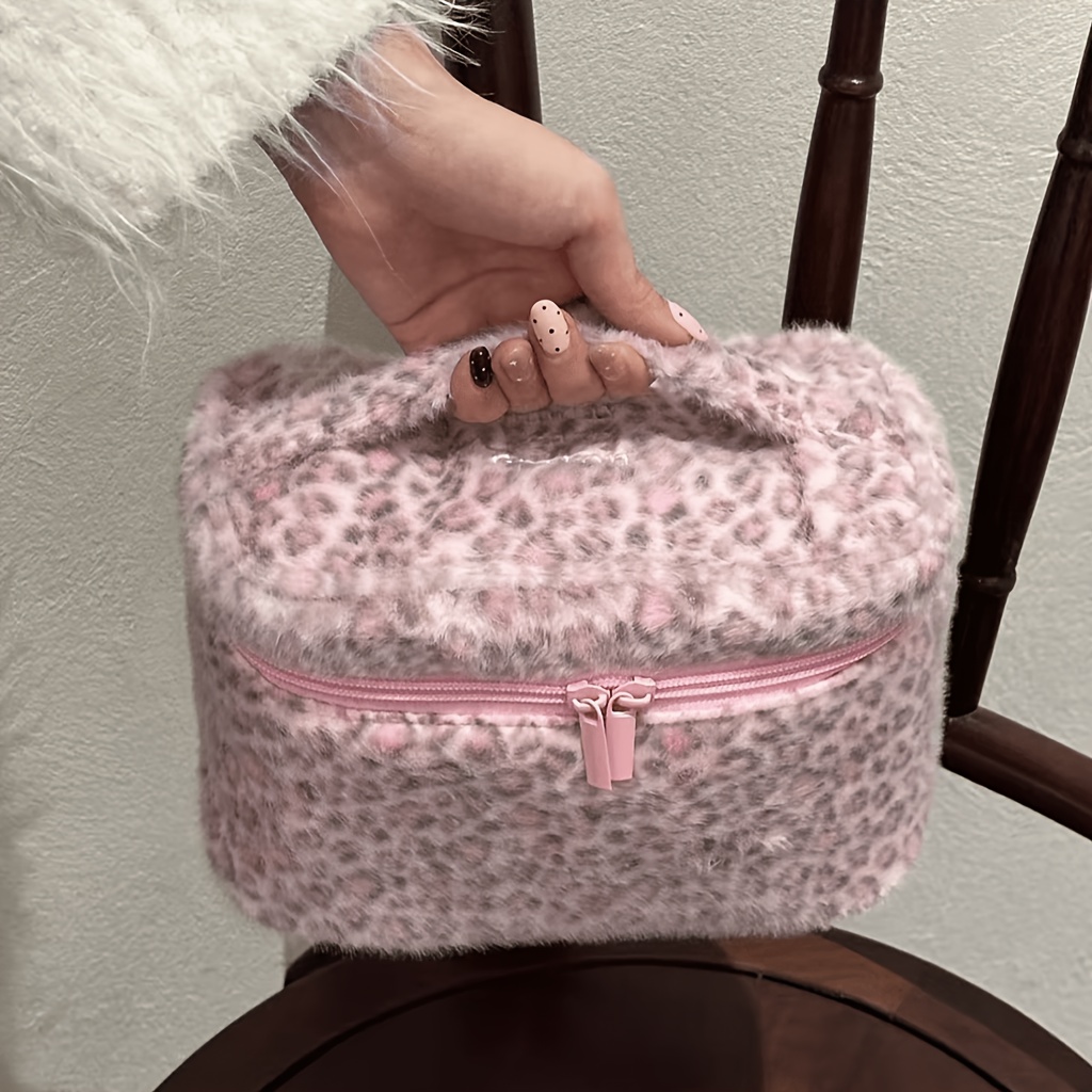 TEMU Large Pink Leopard Print Makeup Bag With Smooth Material, Portable With Top Handle And Pink Zipper. Essential For Travel, With Space. Suitable