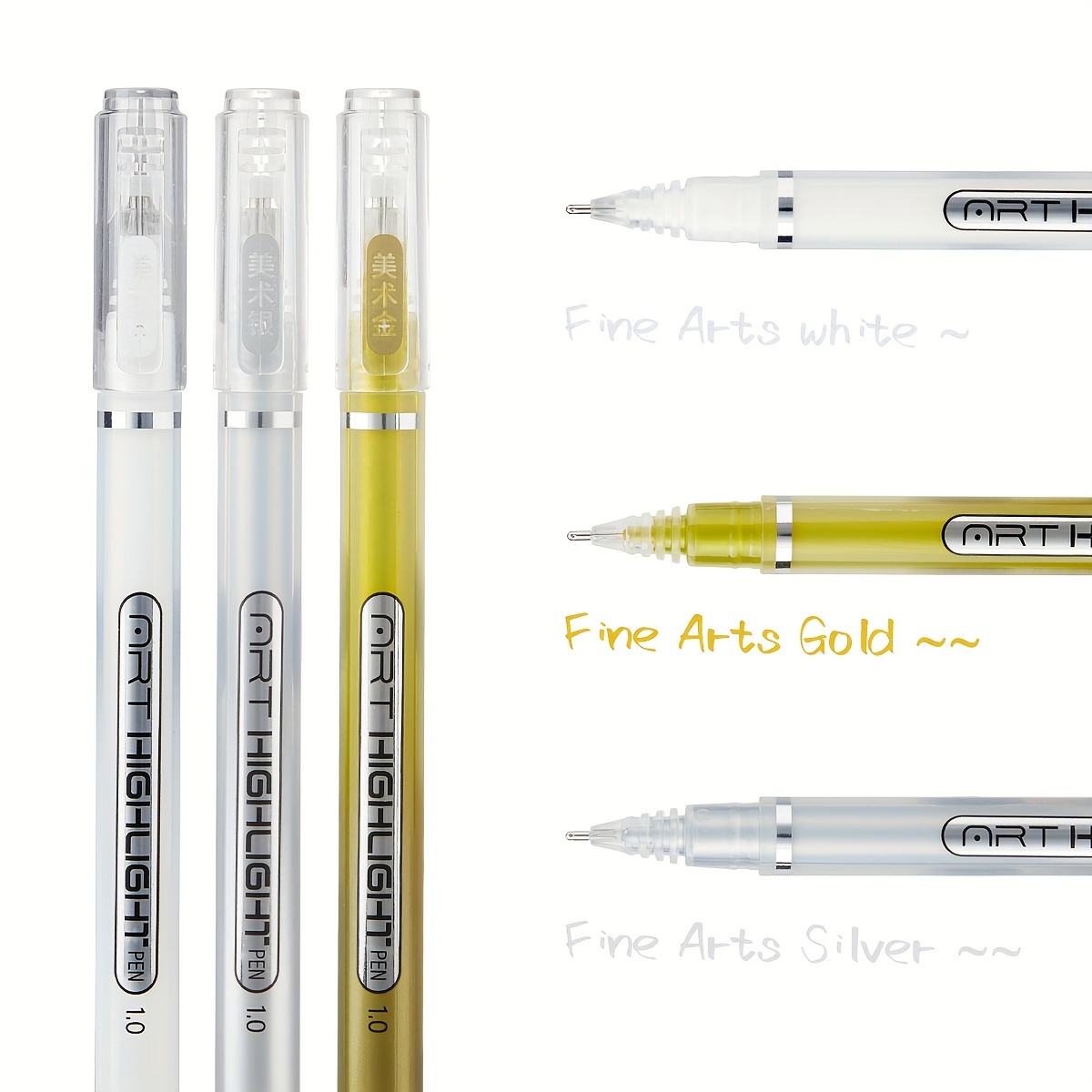 Image of 3/6pcs 1mm Gel Pens With Glitter For Highlights, Sketching, And Fine Art – Precision Tip Drawing Tools (golden And Silver And White)