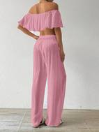 2 piezas conjunto top cortos volantes, de bambú y pantalones casuales para mujer, estilo , ropa