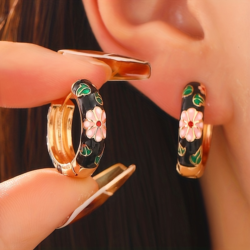 TEMU 1 Paire de Boucles d'Oreilles Élégantes et Uniques en Émail, Motif Fleur et Feuille Verte pour Femmes, Style Ethnique pour Banquet, Mariage,