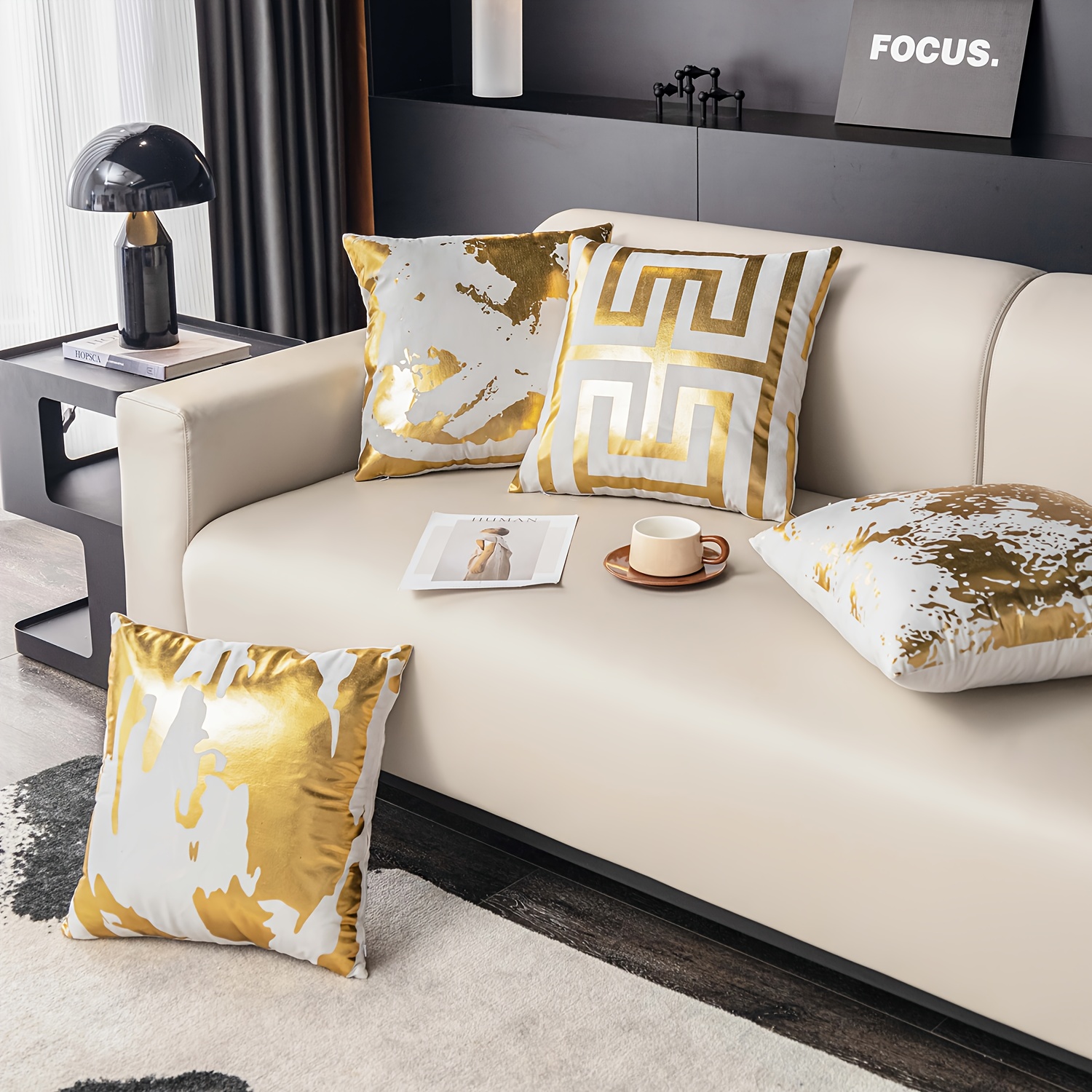 TEMU 4pcs, Short Plush Luxury Golden Throw Pillow Covers, 18in*18in, Abstract Geometric Modern Decor Set Of 4 Cushion Covers, For Couch Sofa Bedroom, Farmhouse Style, Without Pillow Inserts