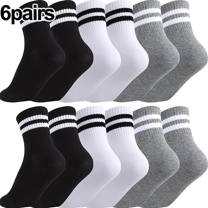 TEMU 6/12 Pairs Optional Versatile Striped Mid-calf Socks Black White Gray 3-color Classic , Breathable Comfortable Non-stuffy, Easy To Match Daily