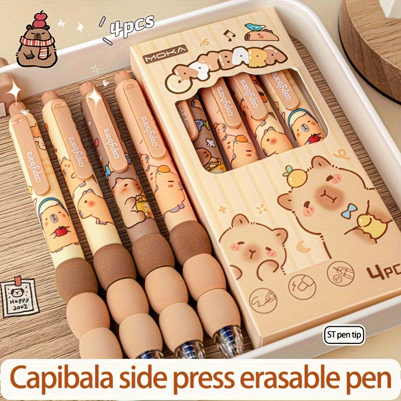 

4pcs Soft Round Grip Press Pen Capibara Internet Animal Side Press Erasable Pen 0.5mm Blue