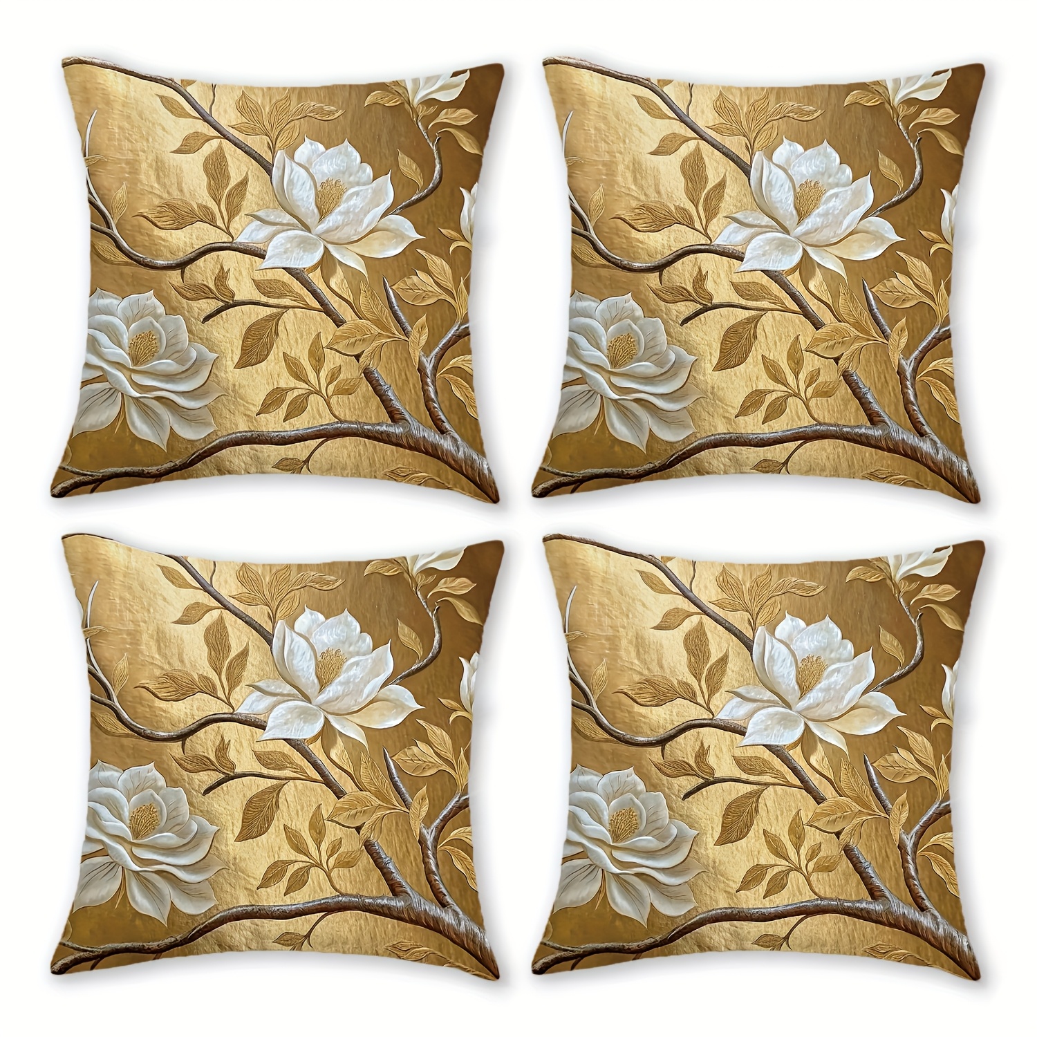 TEMU 4pcs Set Of Gold-plated -themed Pillowcases, 2d Flat Printing, Light Luxury Relief Floral Combination Cushion Covers, Bedroom Living Room Soft