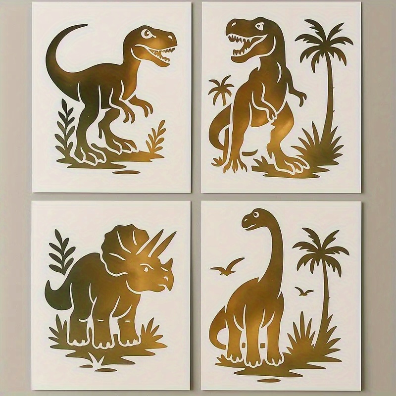 E-shop 4-teiliges Dinosaurier-Schablonen-Set, inklusive 4 prähistorischen Tierformen (, Velociraptor, , Spinosaurus) – A4-Größe, wiederverwendbare