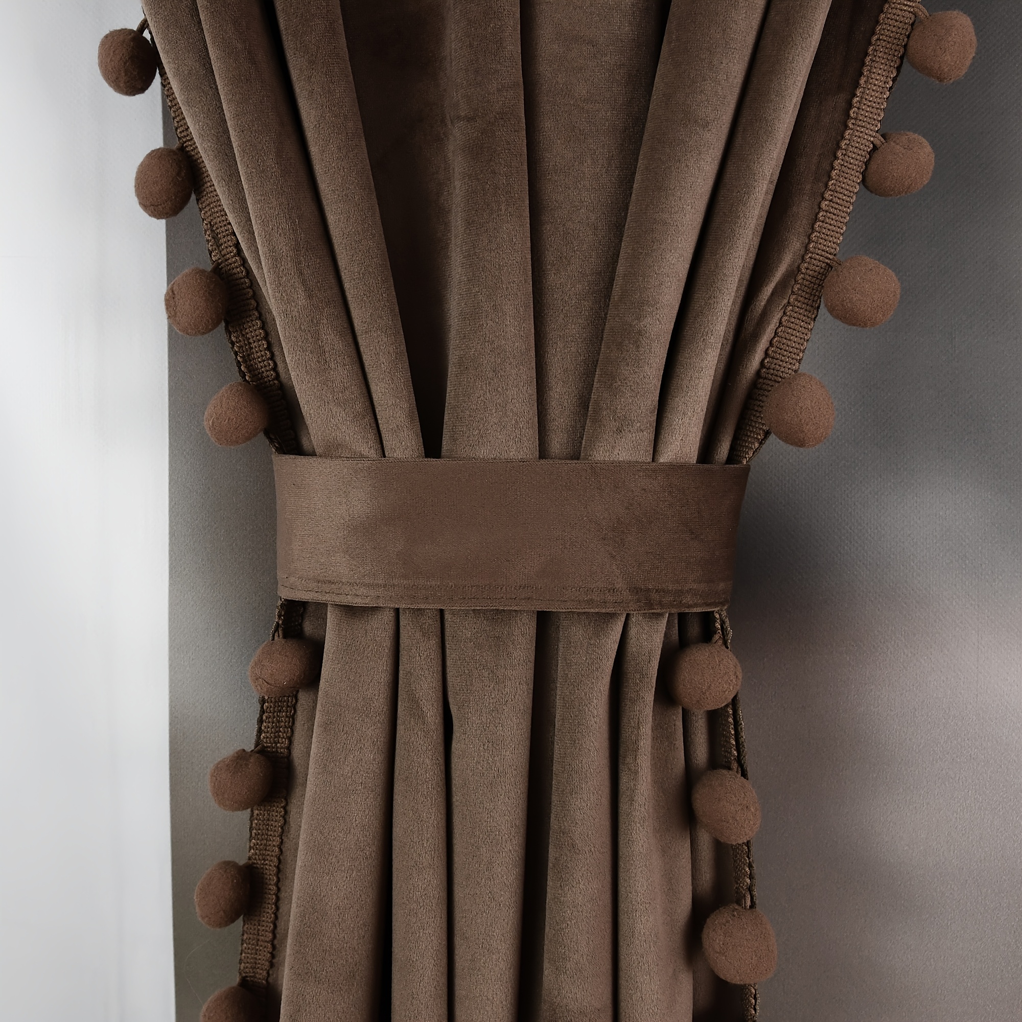 Image of 1pc 100% Polyester Blackout Curtain With Pom-pom Trim, Rod- For Bedroom & Living Room, Machine Washable, Lightweight & Durable Home Decor, Curtains For Living Room