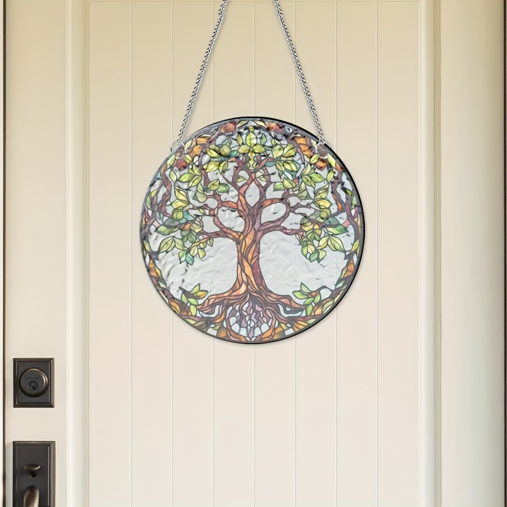 Peacock Round Stained Acrylic Window Hanging Panels Plants Flower Indoor