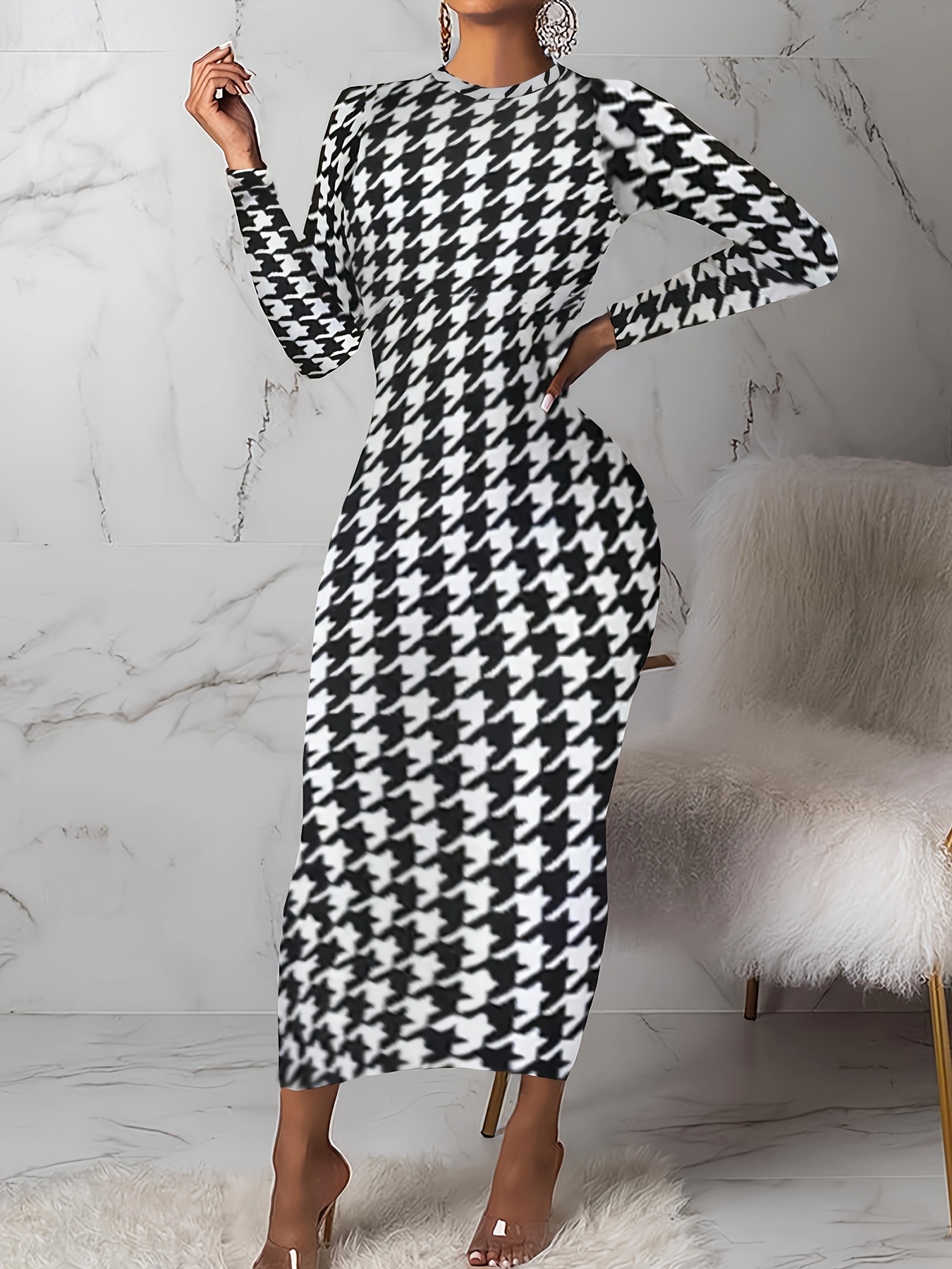 print long sleeve pencil dress, elegant crew neck tulip dress for spring &  fall, women's clothing | Today's Deals | Temu