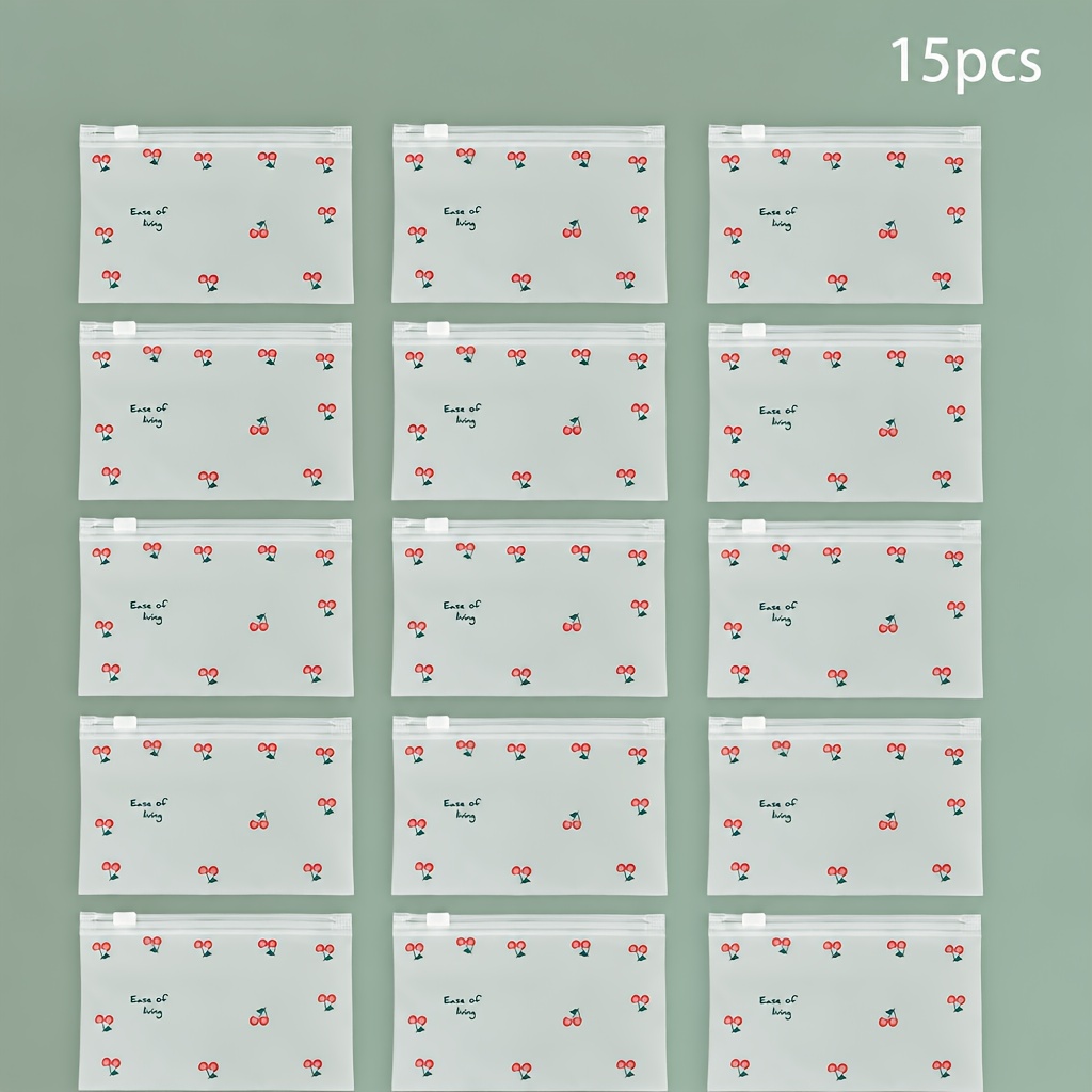 TEMU Cadeau pour Elle/Lui - 15 Sacs à Fermeture Éclair en Plastique à Motif Cerises - Sacs de Rangement Transparents Réutilisables, Adaptés pour
