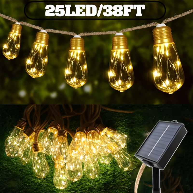 E-shop 25/16/10 LED Solar-Stringlichter für den Außenbereich, rustikales Hanfseil-Design, 8 -, solarbetrieben, ideal für Gärten, Bühnenbeleuchtung,