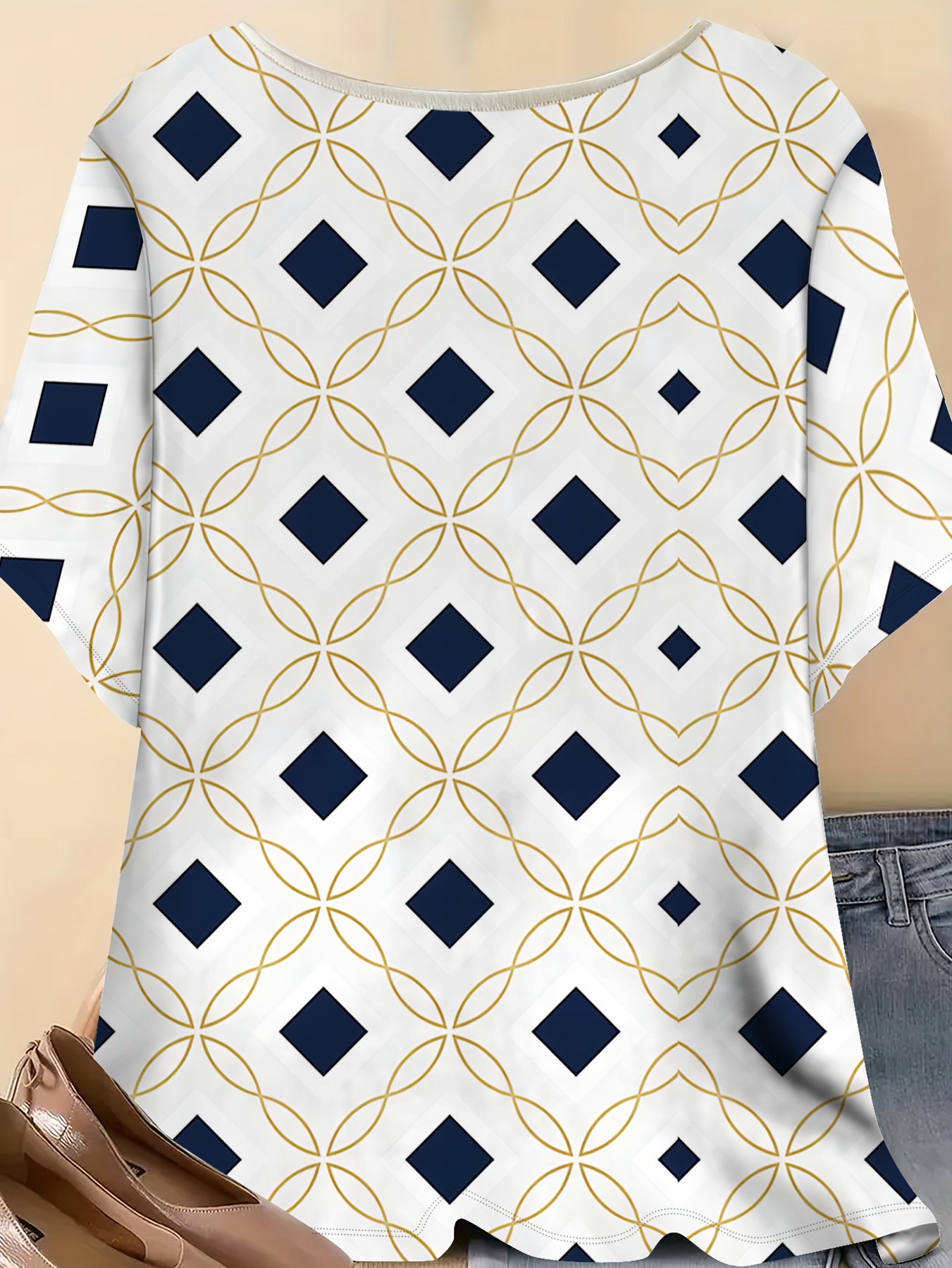 geometric pattern loose short sleeve t shirt womens summer casual top white printed crew neck pullover