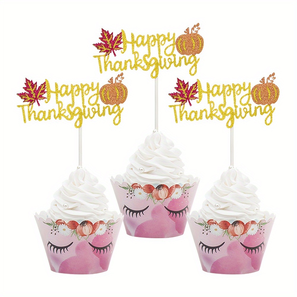 

24pcs Happy Thanksgiving Cupcake Toppers - Glitter Maple Leaf & For Fall Themed Parties, Birthdays & Cake Decorations, Thanksgiving