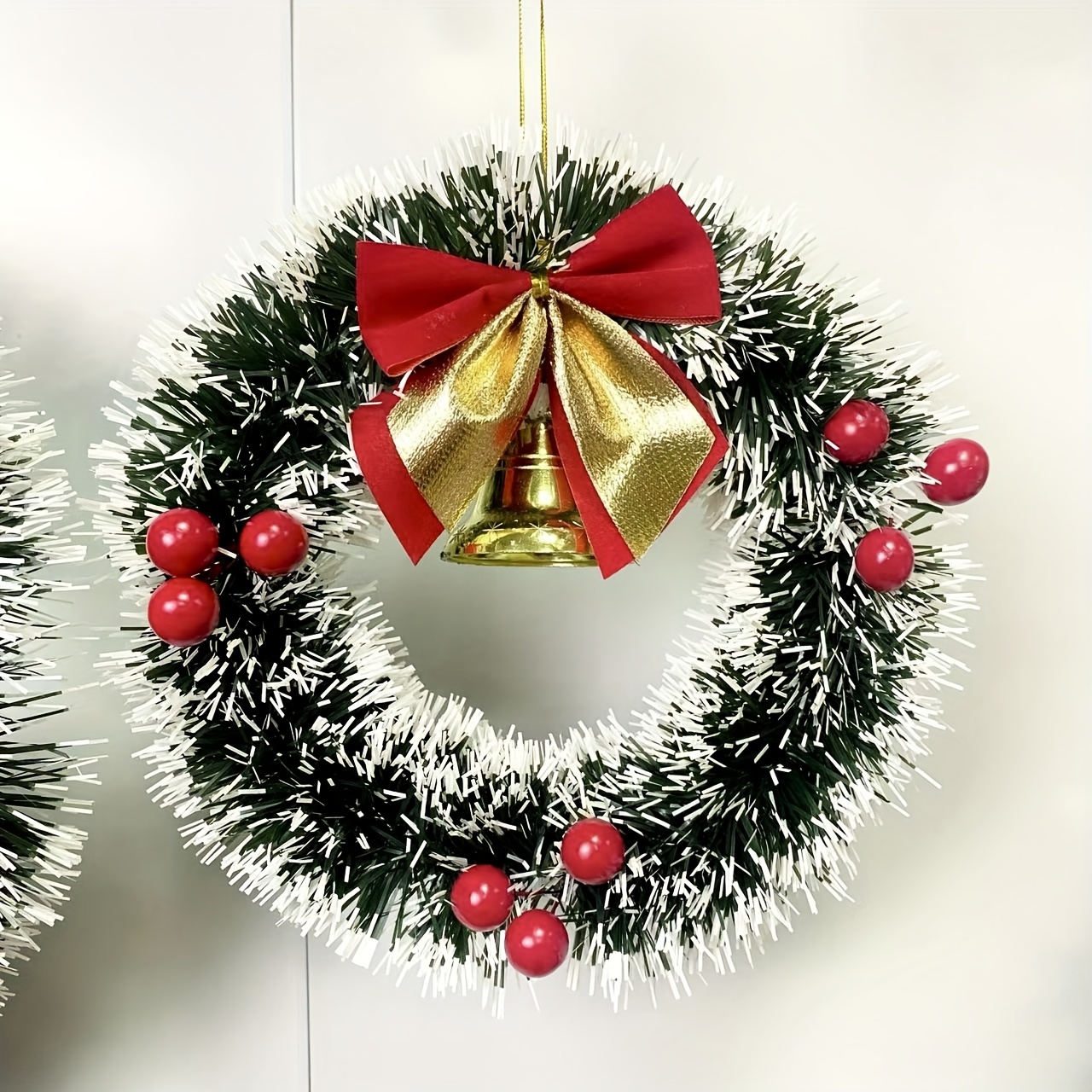 20/30cm Christmas Round Wreath With Dark Green And White Edges, Bell And Red Bow Holiday Decoration Ornament Wreaths,halloween Sinterklaas