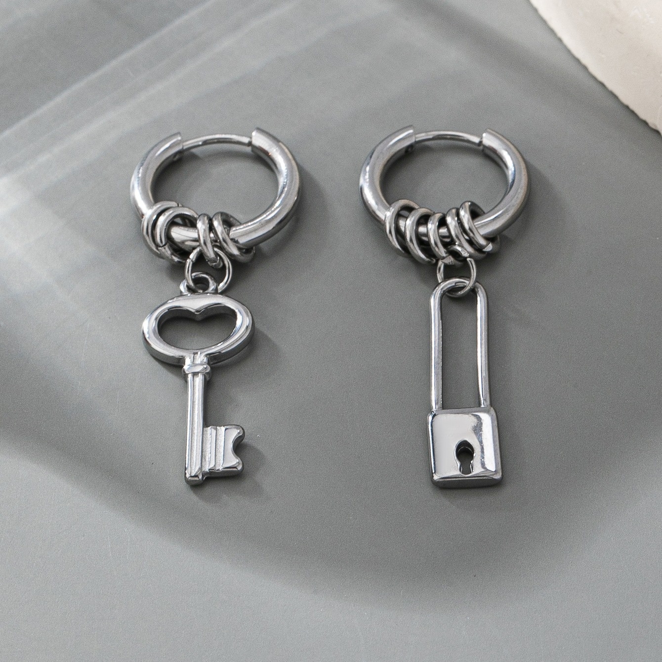 Women's Punk-Style Asymmetrical Lock and Key Earrings
