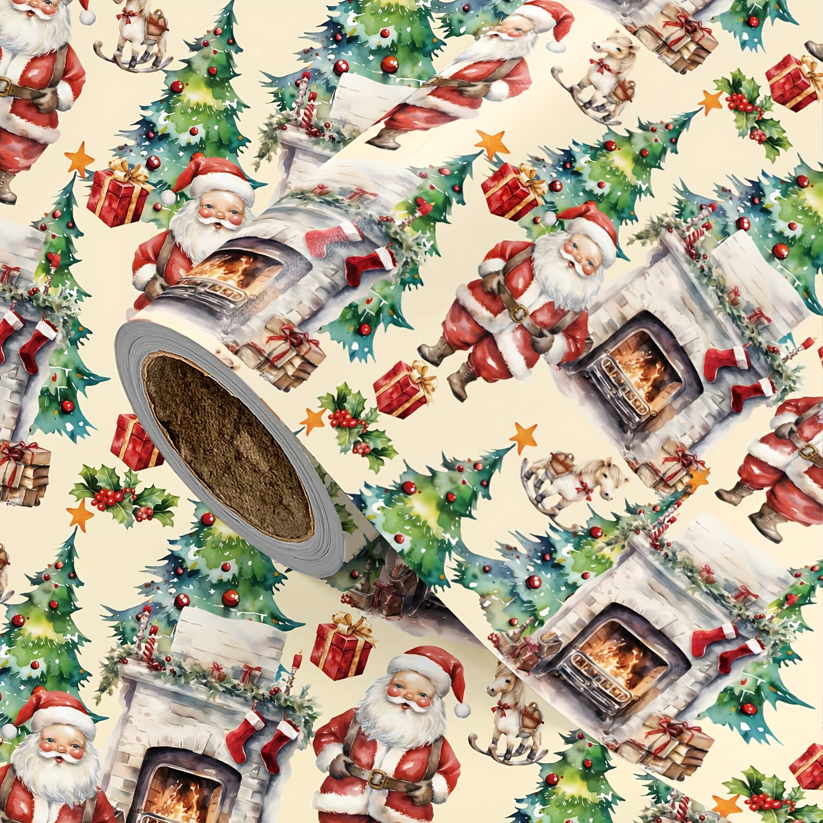 TEMU 1 Roll Of Vintage Watercolor Christmas Wrapping Paper | Featuring Santa Claus, Christmas Tree, Fireplace, Christmas Stocking, Gift Box, Holly, ,