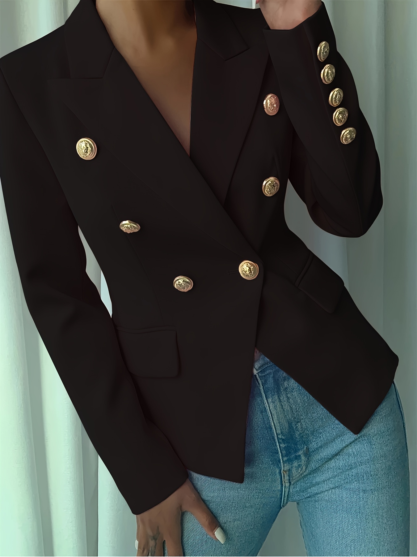 Women's Elegant Pink Double-Breasted Blazer - Polyester, Long Sleeve, Lapel Collar with Golden Buttons, Stylish Work Office Jacket