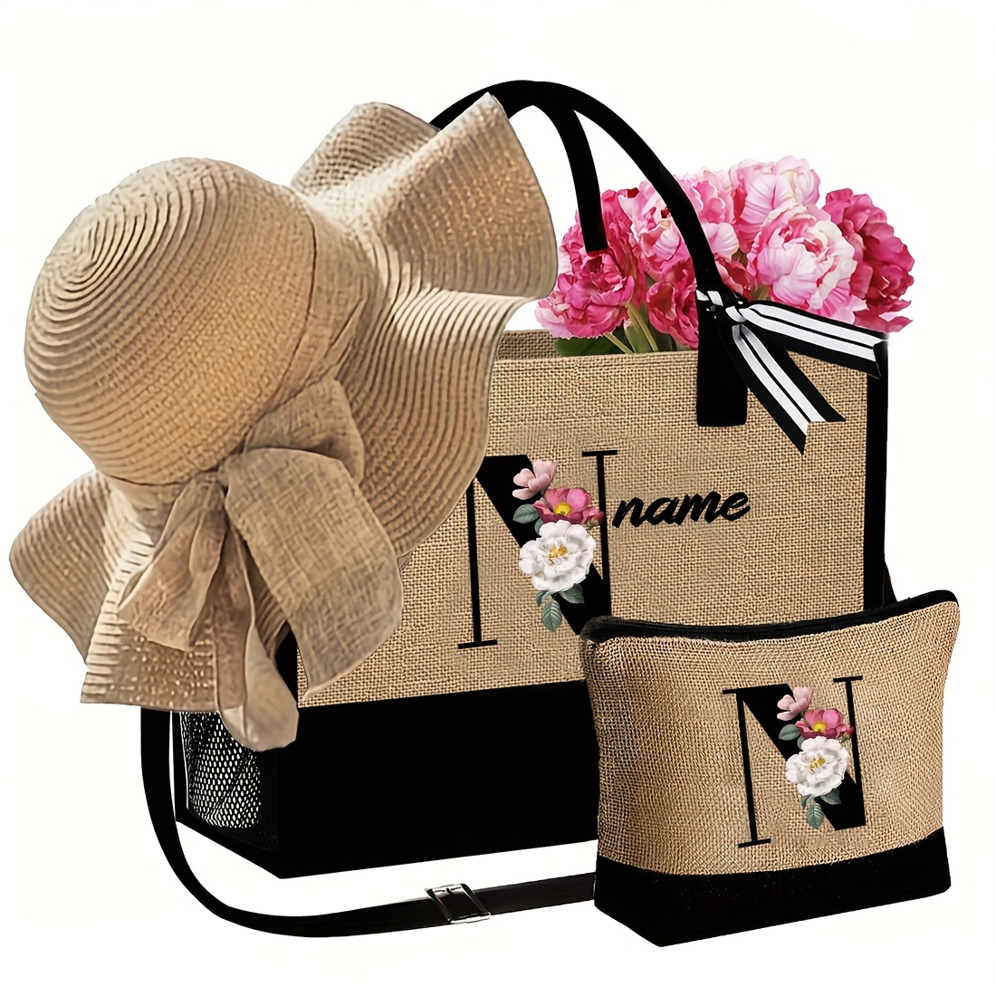 TEMU 3pcs Handbags With Women's Beach Hat And Cosmetic Bag, Personalized Handbags Customizable With Name. With Shoulder Strap, Large Capacity Letter