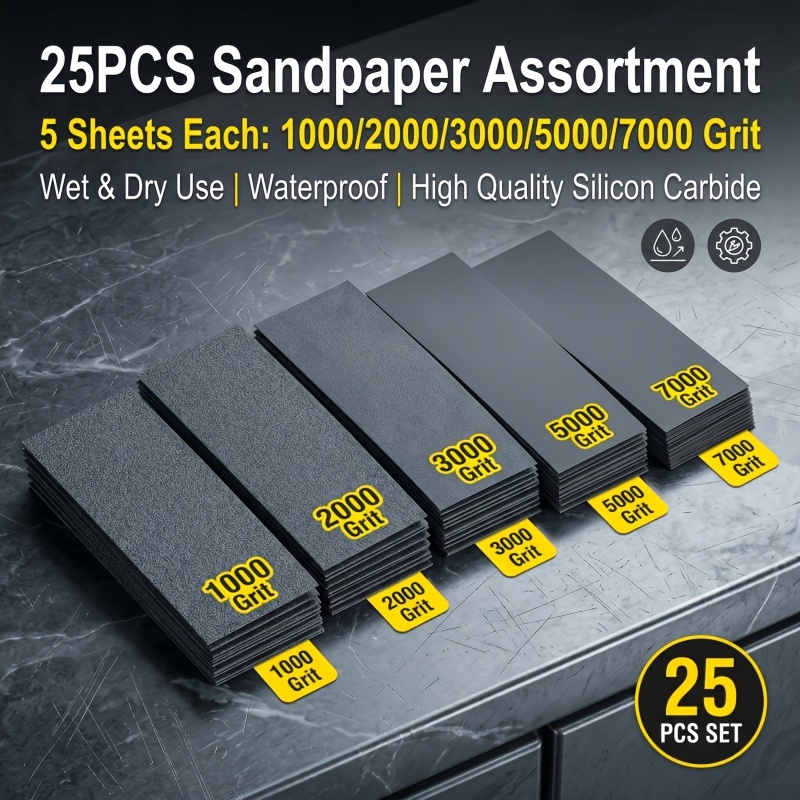 TEMU 15pcs/25pcs/35pcs Wet Sandpaper Set (1000-7000 Grit) - , Compatible With Belt And Polishers, Suitable For Wood, Metal, Plastic, , Glass, Stone,