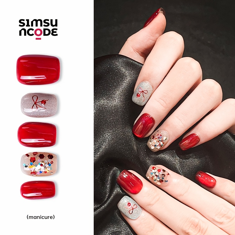 

10pcs Luxury Handmade Wearable Nail Polish Set, Red With Ice Transparent Gemstones, 2024 New Year's Edition, , Detachable Press-on Nails, Short Square Shape, Glossy