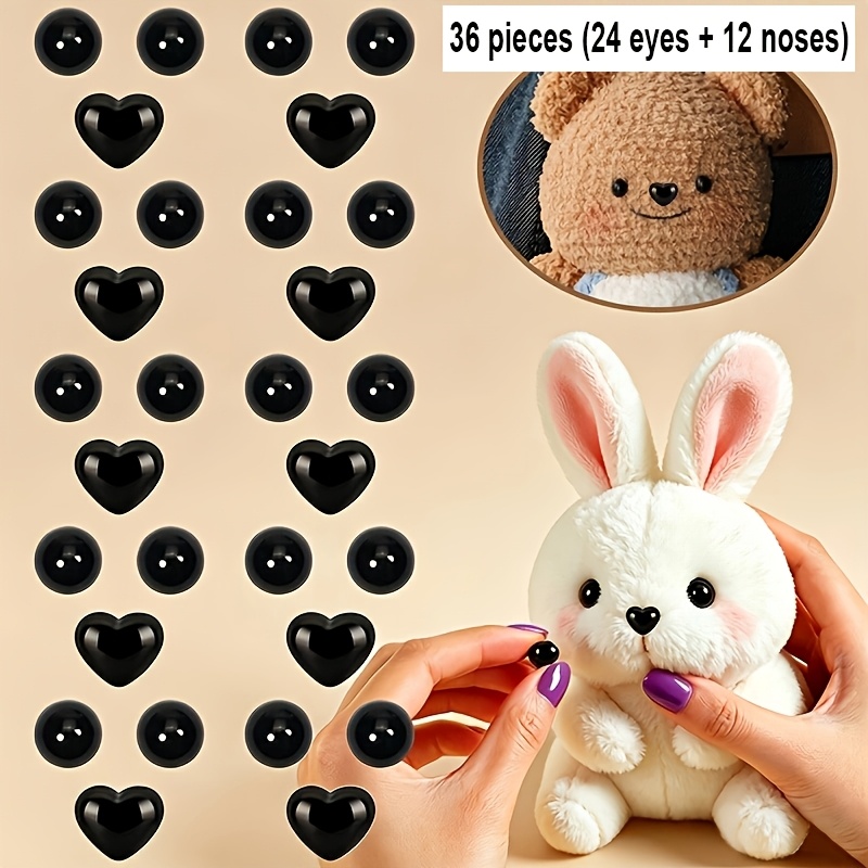 TEMU Lot de 36 yeux à dos plat et nez de cœur faits à - 24 yeux noirs et 12 nez noirs de cœur, adapté aux de , de crochet et d'artisanat