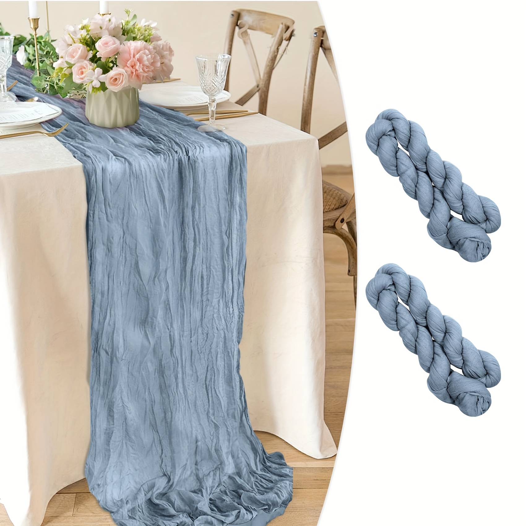 TEMU Table Runner 90*300 Blue Tablecloth, 2pcs Cheesecloth Table Runners, Long Fabric Romantic Transparent Table Runner, Suitable For Spring Wedding
