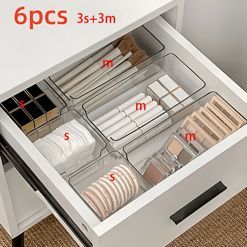 TEMU 6pcs Acrylic Drawer Partition Finishing Box, Cosmetic Storage Box, Suitable For Desktop Sundries Storage, Office Stationery Storage, Drawer