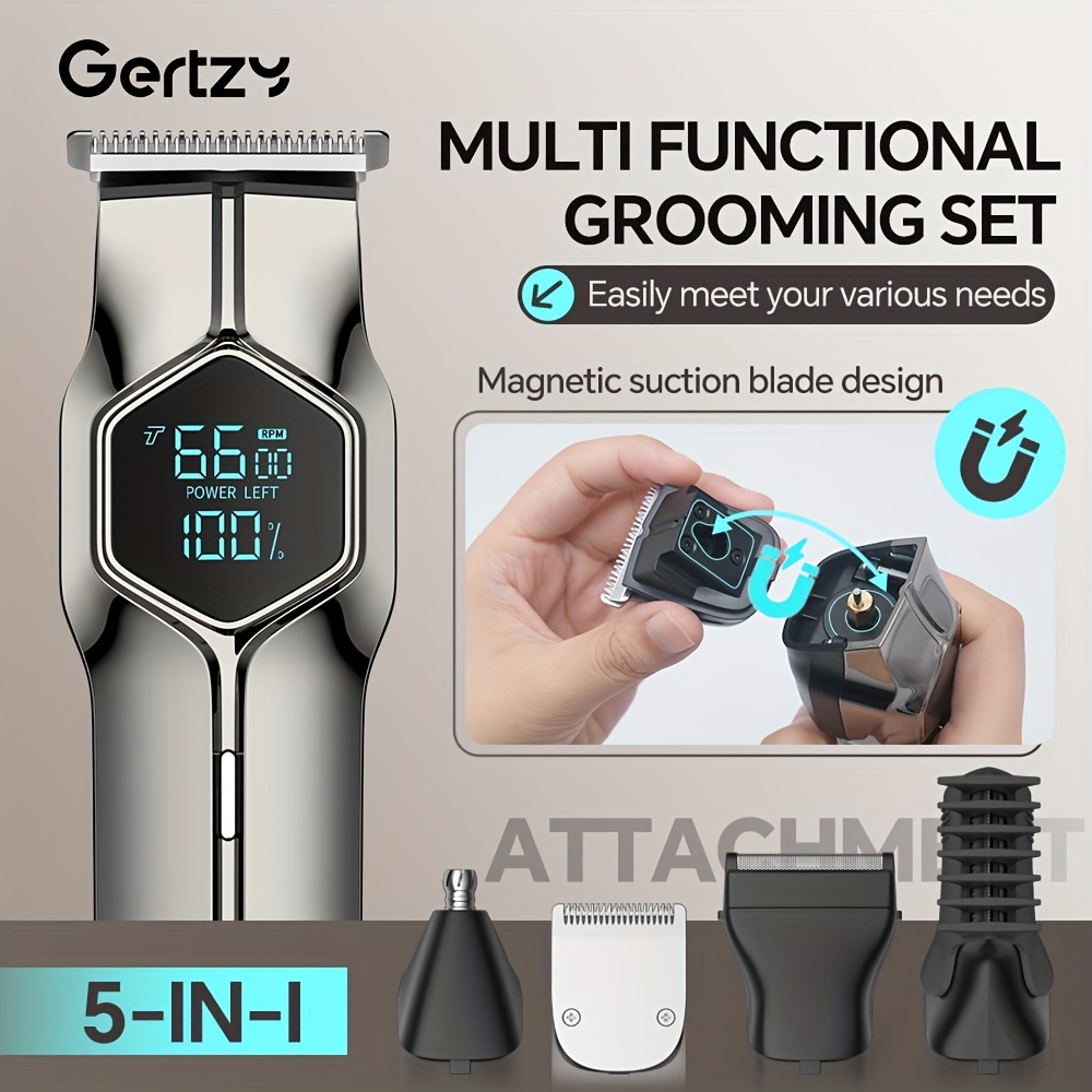 Ensemble de toilettage multifonctionnel 5-en-1 pour hommes, coupe de poils de nez | Soin du visage | Coupe de poils du corps, adapté à une utilisation à la fois sèche et humide pour les individus ou les stylistes, base magnétique rechargeable par USB, longue durée de la batterie, cadeau parfait !