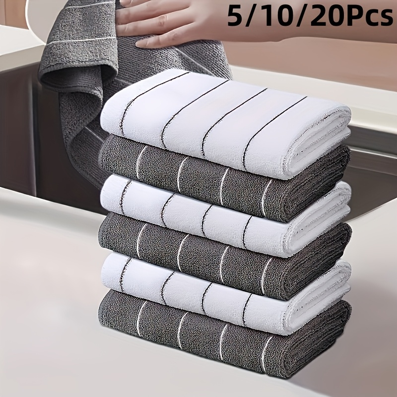 

5pcs Kitchen Microfiber Cleaning Towels, Super Absorbent, Quick-drying, Striped Gray And White, Multipurpose For Kitchen & Bathroom Use, Kitchen Towels