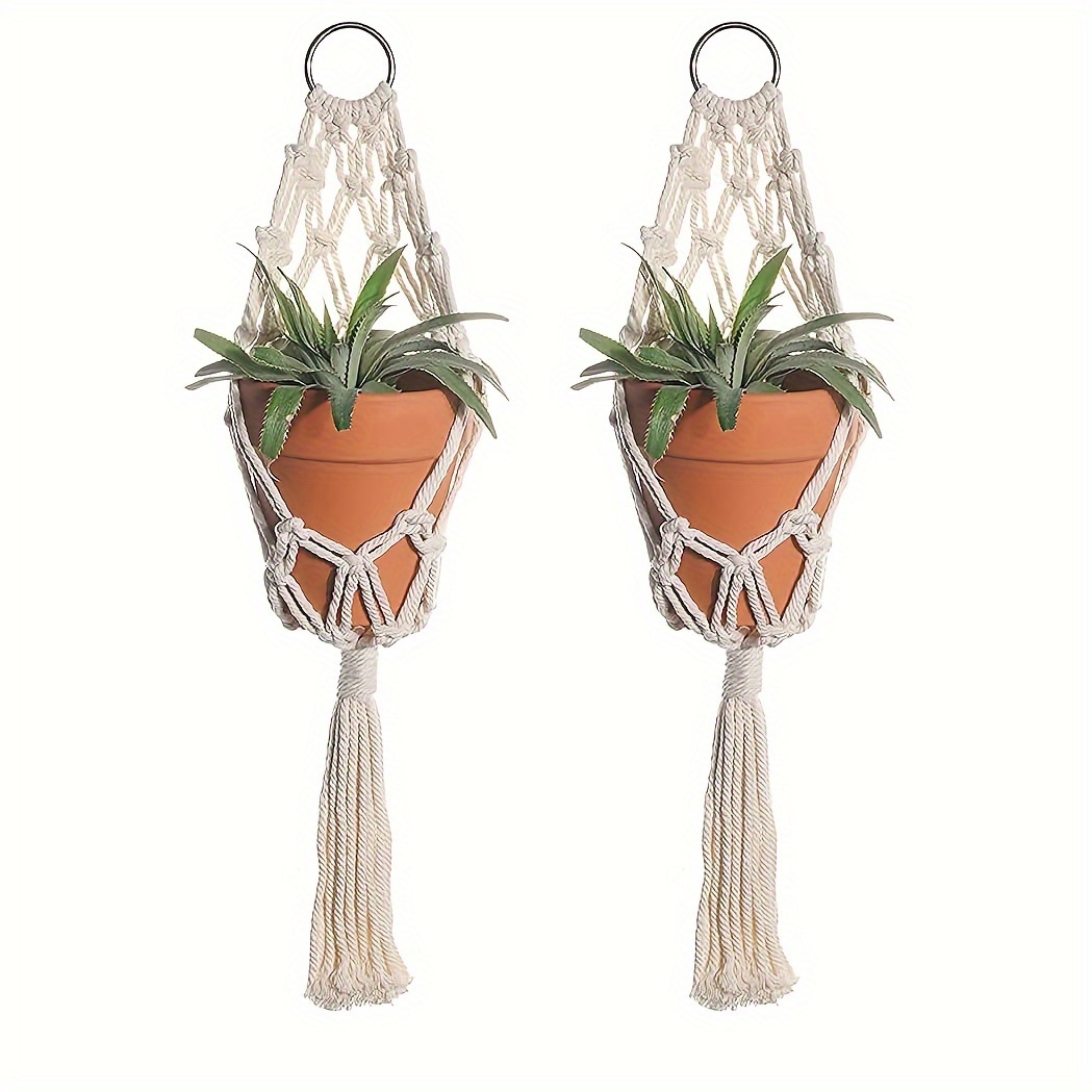 

2pcs Chic Macrame Plant Hangers - Handcrafted Rope Baskets For Indoor & Outdoor Decor, Geometric Wall Art