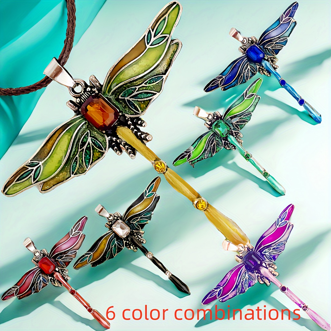 TEMU 6-pack Dragonfly Pendant Necklaces With Synthetic Stones And Accents On Leather Cord - Unisex Fashion Jewelry Gift For Christmas, Easter, Birthdays