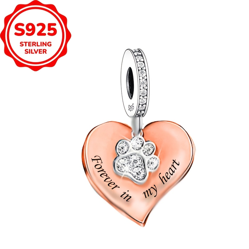 

1pc 925 Sterling Silvery Heart Pendant With Rose Golden Plating And Synthetic Zirconia, Paw , Christmas Gift For Women