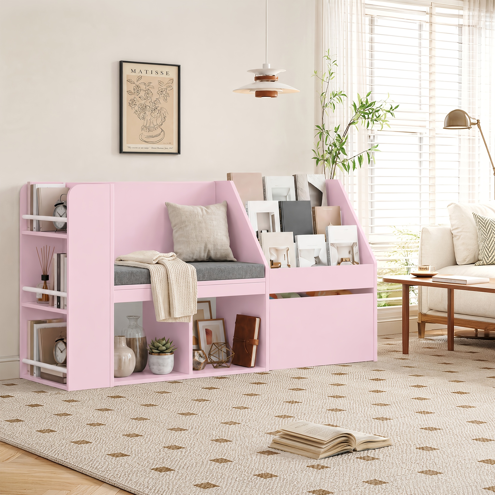 Image of Kealive 125cm White Bookshelf With Storage Bench And Rolling Drawers, Multifunctional Organizer Cabinet For Home, Pink