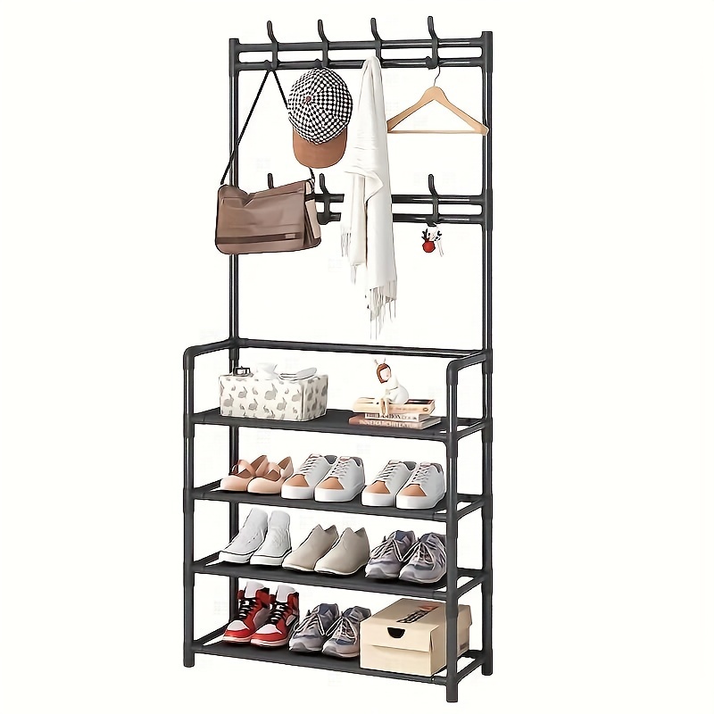 

Multi-functional Metal Organizer Rack With Hooks – Modern Entryway Storage Shelf For Shoes, Bags, Accessories – Space-saving Hanging Clothes Stand