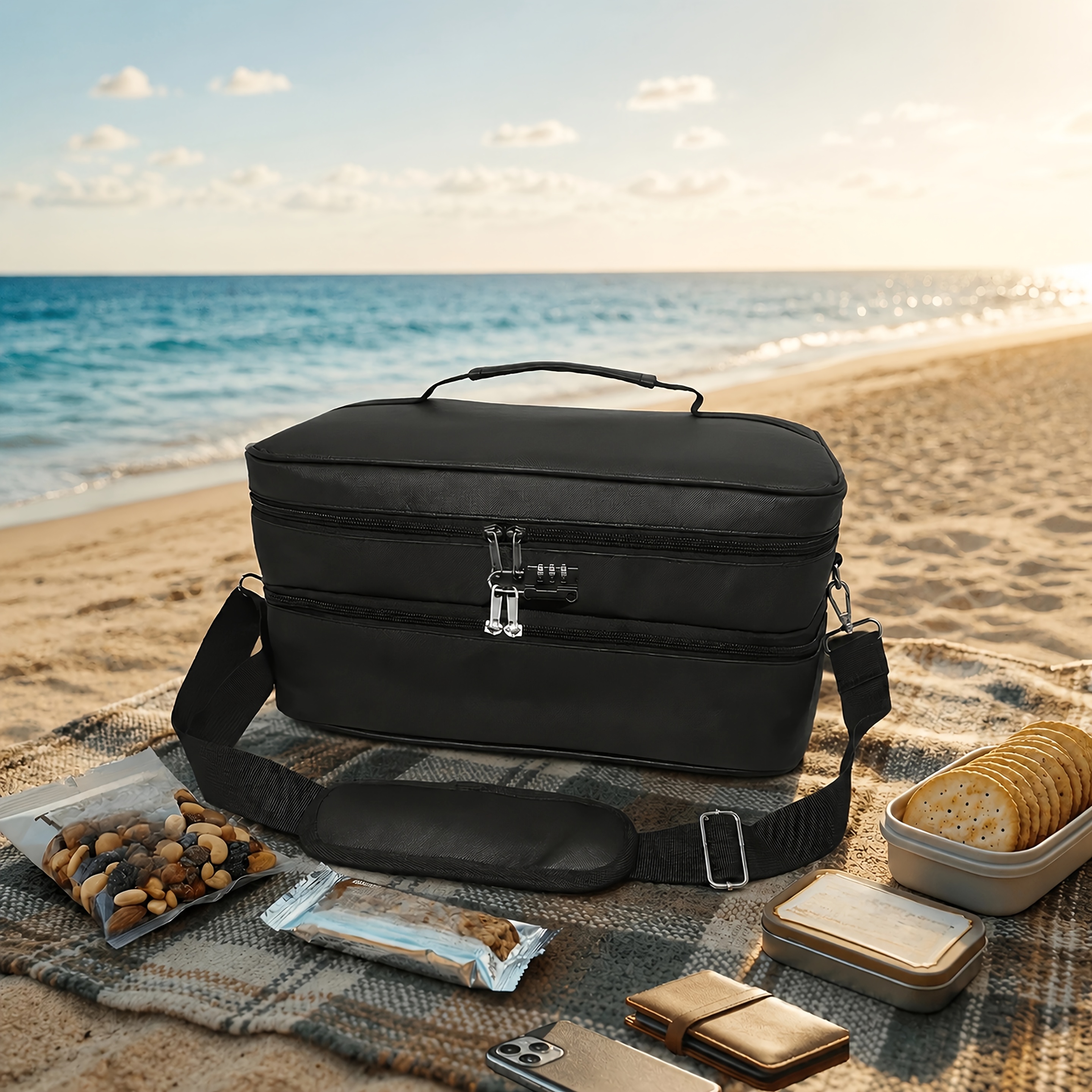 Lockable Beach Bag, Large Capacity Double-layer Makeup Storage Bag, High-quality Pu Fabric For , Shoulder Strap For Easy Carrying, Vacation Travel Storage Bag