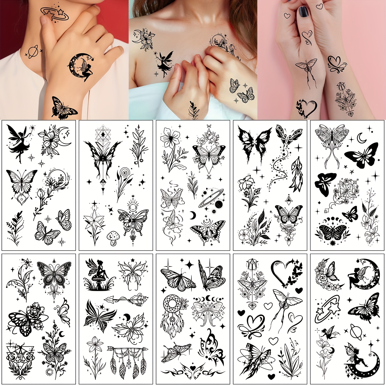 10 Temporary Tattoo Stickers Designed For Women, Featuring Black , Floral, Heart, Moon, And Star Patterns, Suitable For Body Art And Temporary Makeup For Parties