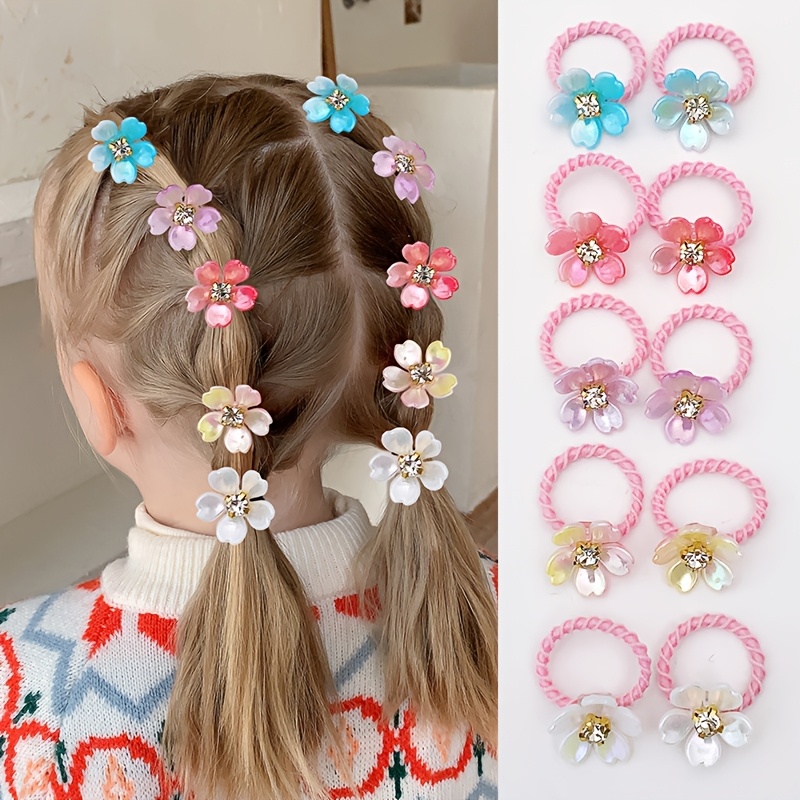 TEMU 10pcs Little Girl Cute Colorful Gradient Pearlescent Flower Hair Ties Girls Tie Hair Rubber Bands Daily Headband Hair Additions